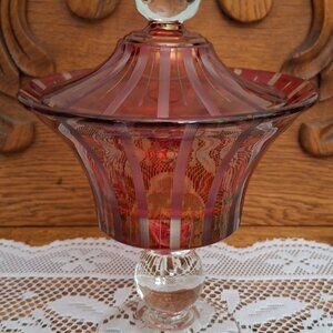 Vintage Paden City Glass Ruby Flashed Cut Candy Stripe Footed Candy Dish